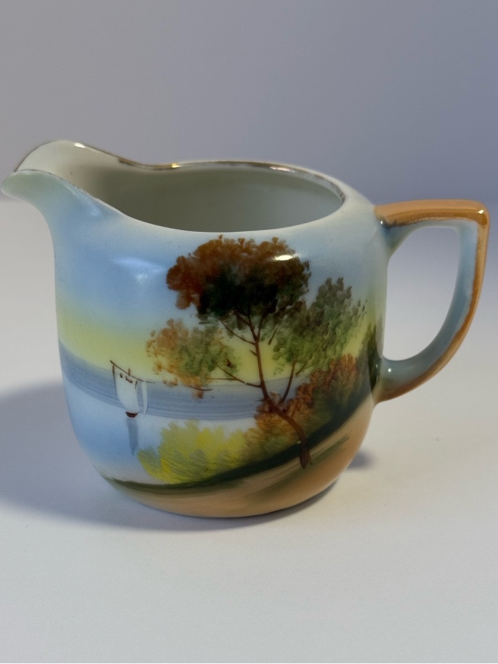 Noritake Lakeside Scene Hand-Painted Scenic Creamer with Boat- Blue, Green & Tan